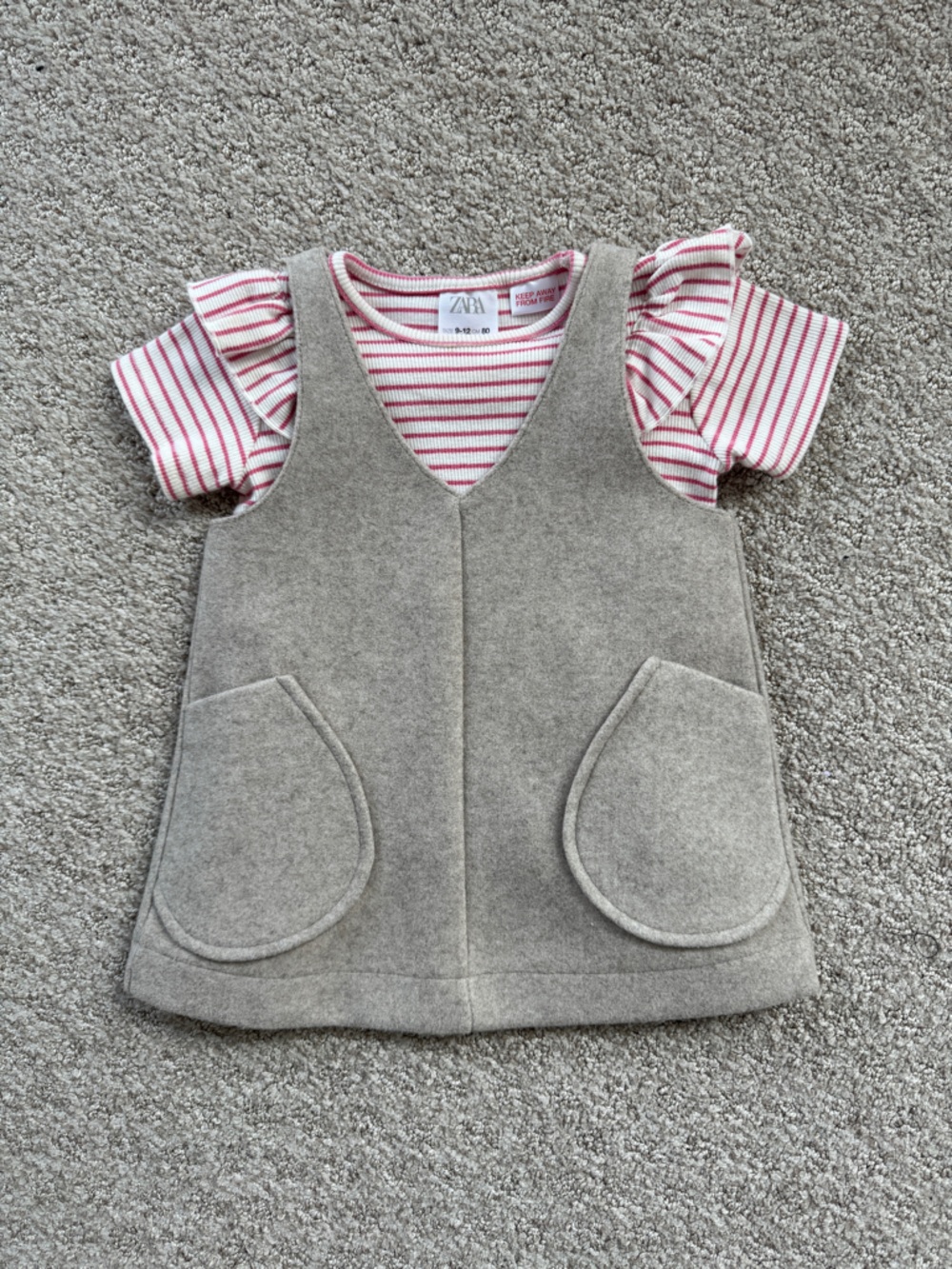 Zara Grey Pinafore Dress with Pink Striped Flutter Tee (9-12 month)